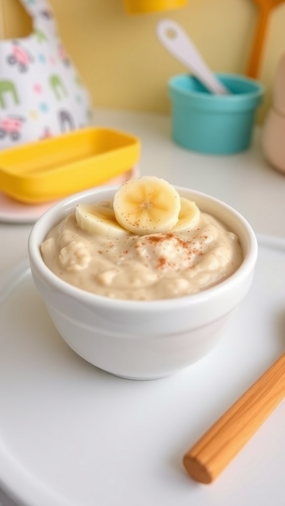 Nutritious Baby Oatmeal Recipe for 8 Months A bowl of baby oatmeal with banana and cinnamon, set in a cheerful kitchen.